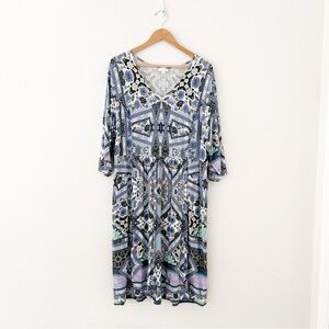 Women's Blue Patterned V-Neck Dress